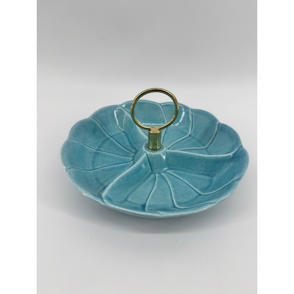 Vintage California Pottery Divided Serving Dish Blue Speckle Brass Handle MCM